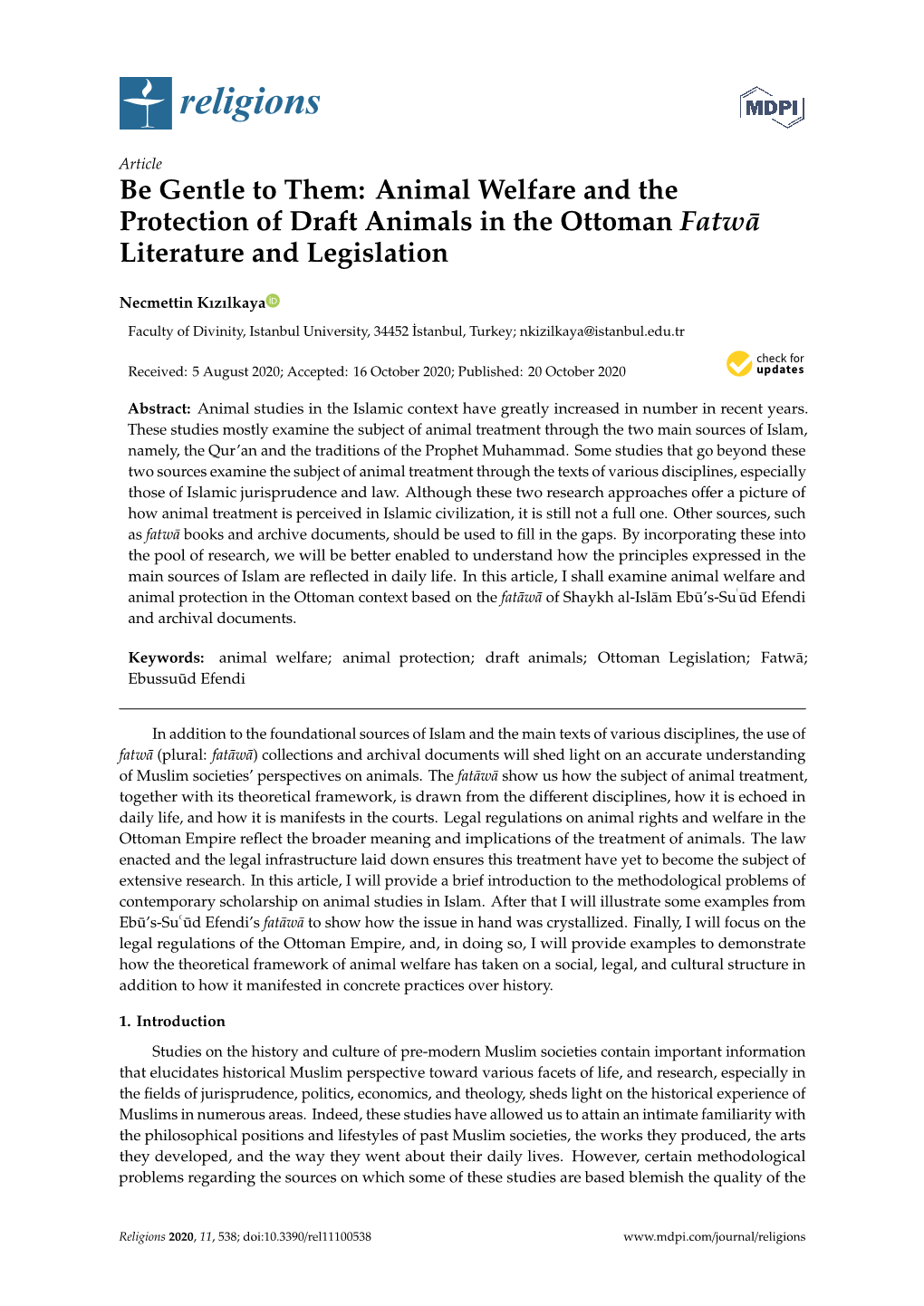 Animal Welfare and the Protection of Draft Animals in the Ottoman Fatwa¯ Literature and Legislation