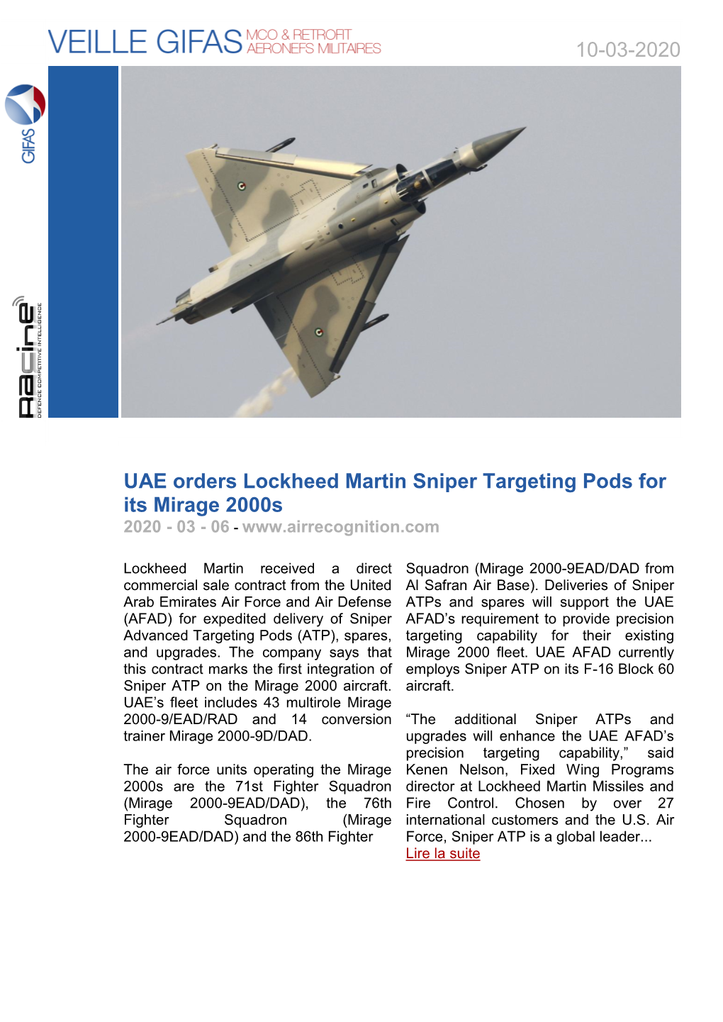 10-03-2020 UAE Orders Lockheed Martin Sniper Targeting Pods for Its