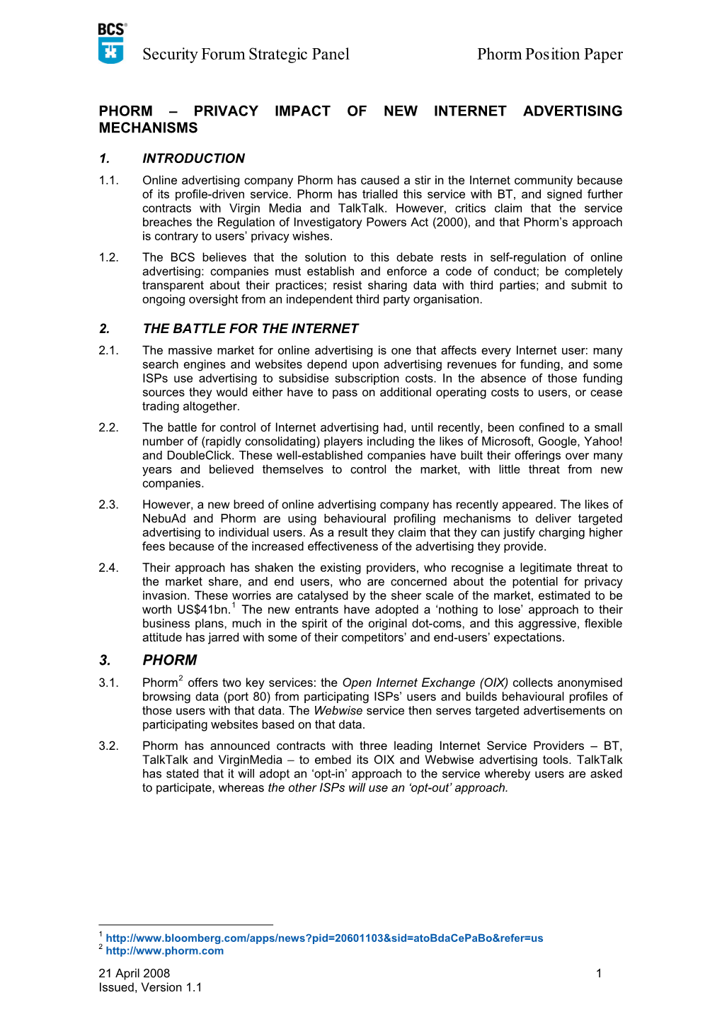 Security Forum Strategic Panel Phorm Position Paper