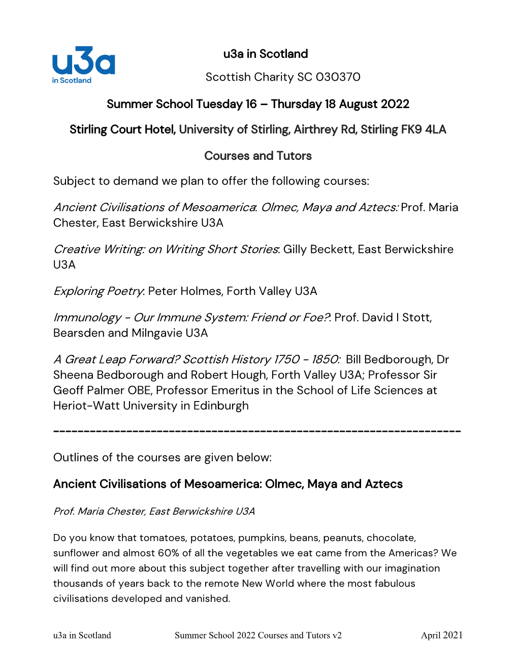 Courses and Tutors 2022 Summer School