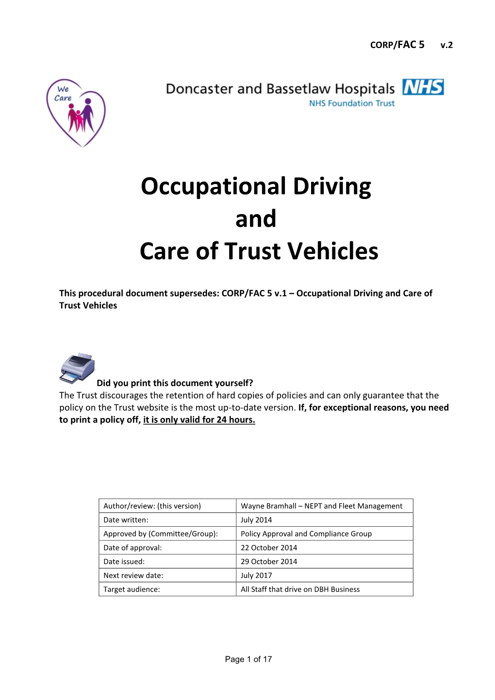 Occupational Driving and Care of Trust Vehicles