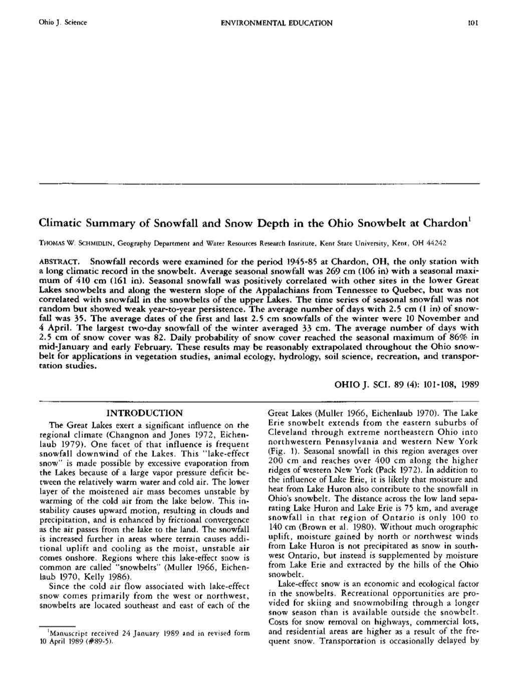 Climatic Summary of Snowfall and Snow Depth in the Ohio Snowbelt at Chardon1