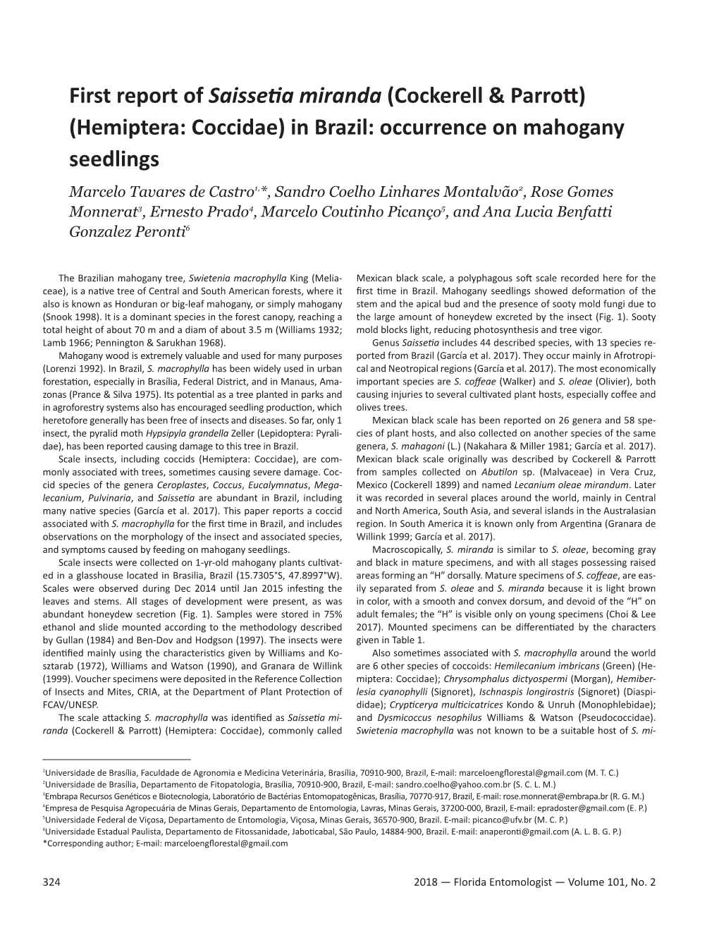 Hemiptera: Coccidae) in Brazil: Occurrence on Mahogany Seedlings