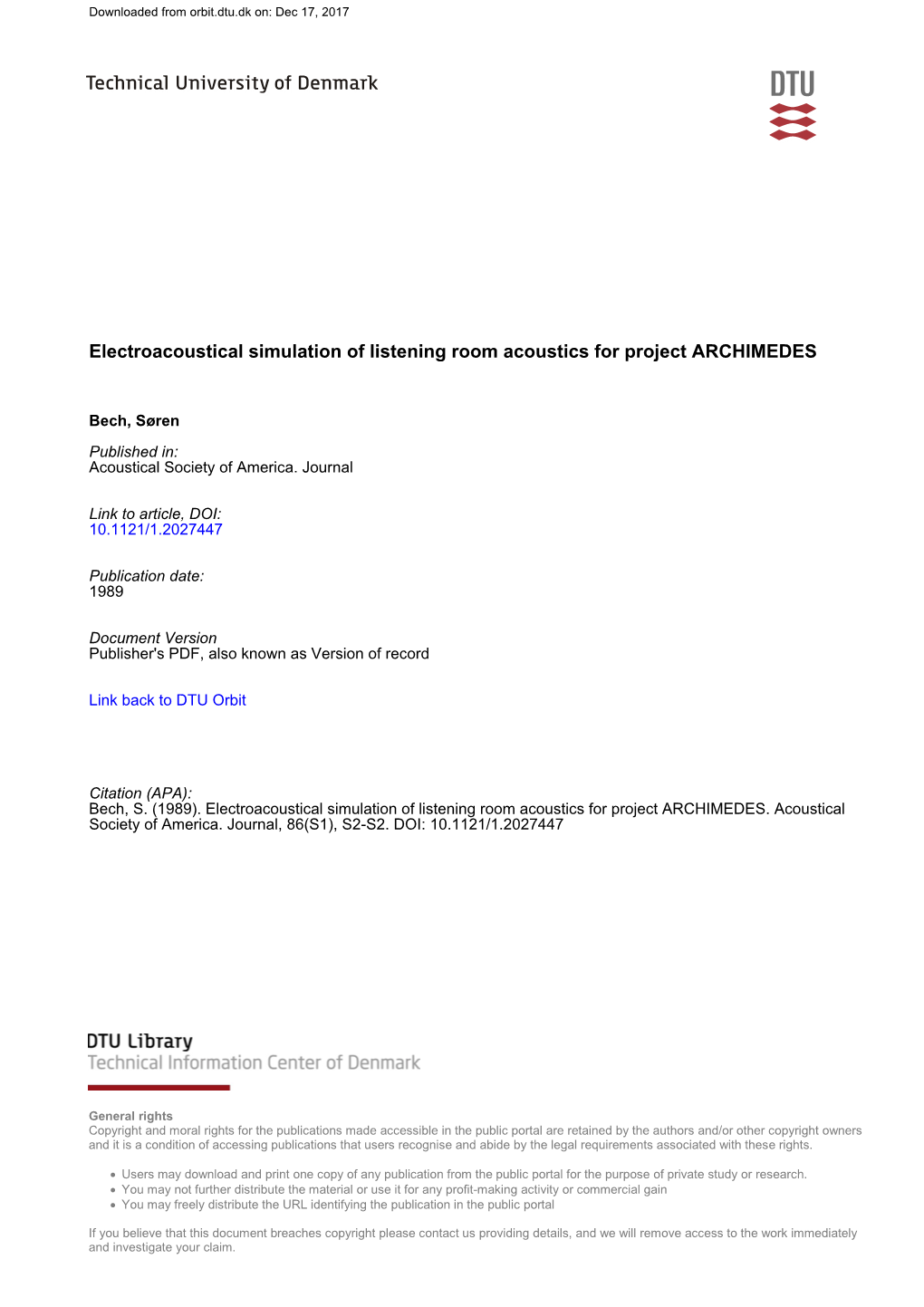 Electroacoustical Simulation of Listening Room Acoustics for Project ARCHIMEDES