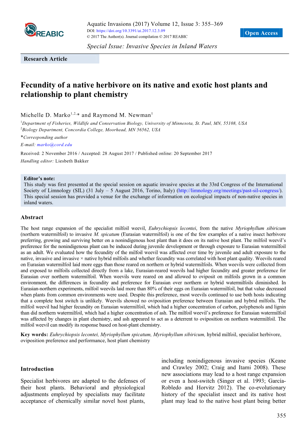 Fecundity of a Native Herbivore on Its Native and Exotic Host Plants and Relationship to Plant Chemistry