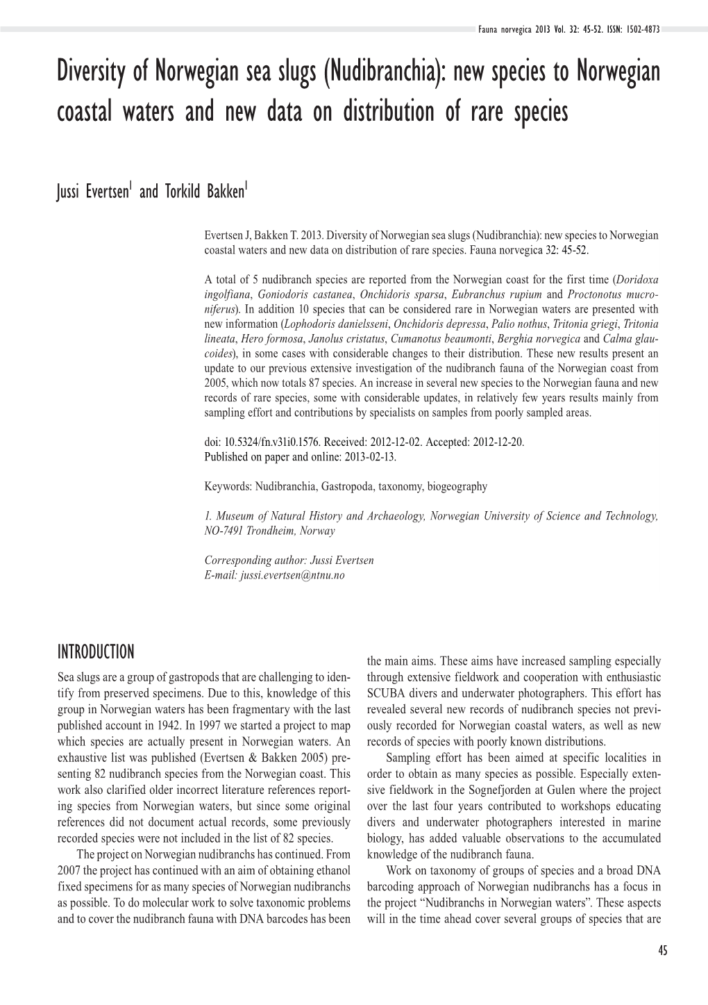 Diversity of Norwegian Sea Slugs (Nudibranchia): New Species to Norwegian Coastal Waters and New Data on Distribution of Rare Species