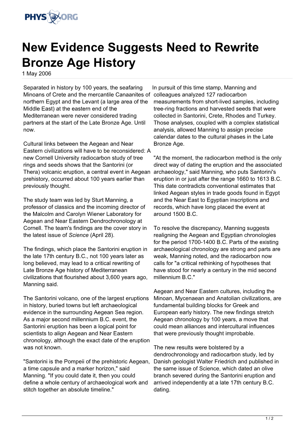 New Evidence Suggests Need to Rewrite Bronze Age History 1 May 2006