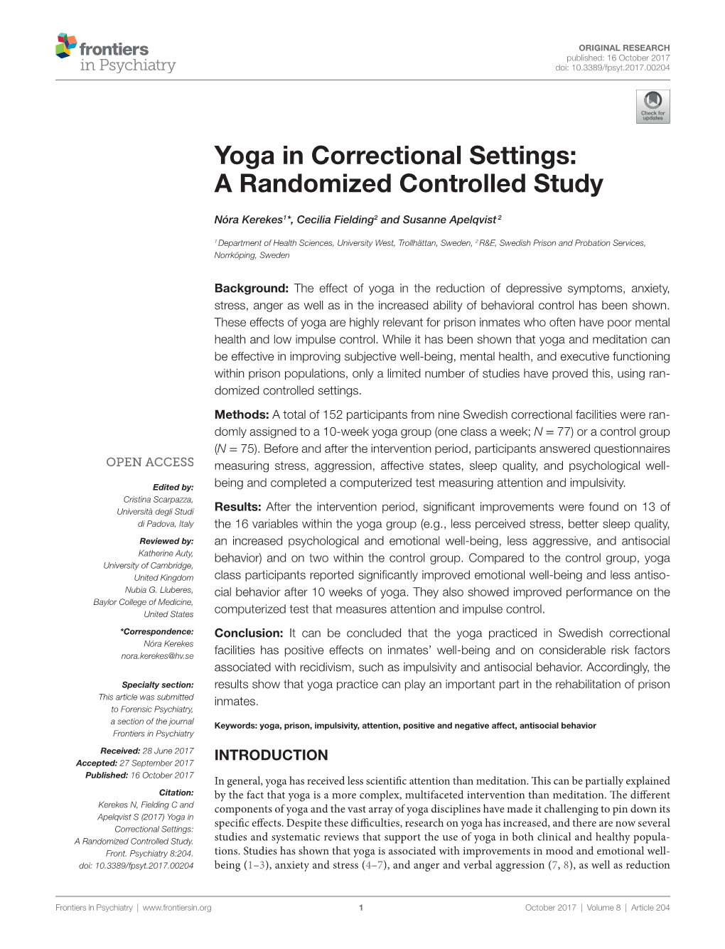 Yoga in Correctional Settings: a Randomized Controlled Study
