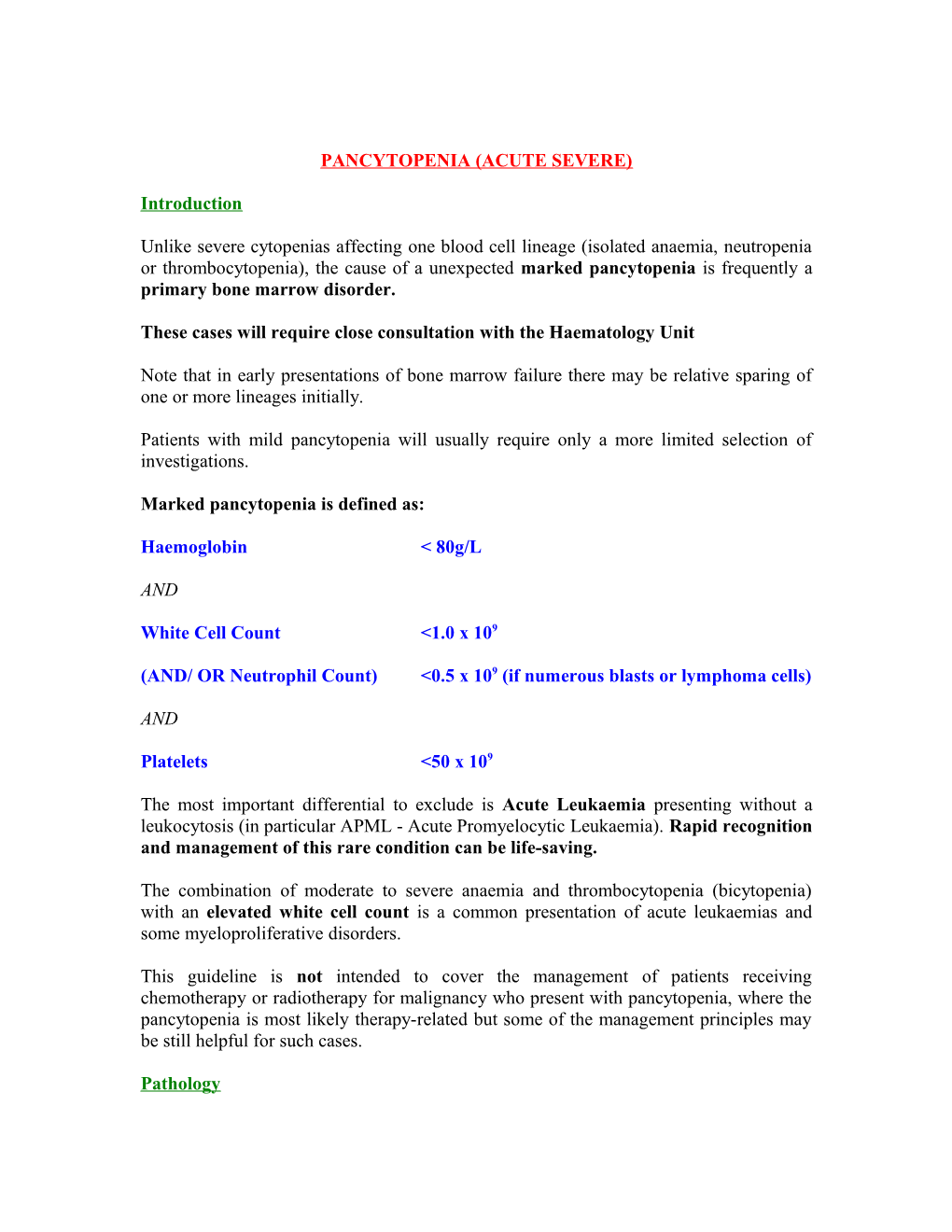 Pancytopenia Acute Severe