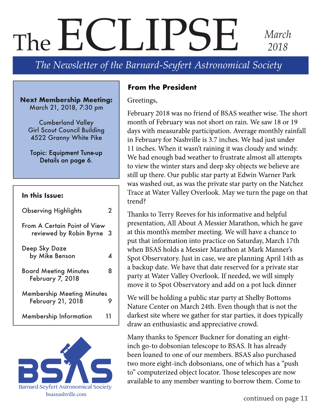 The Newsletter of the Barnard-Seyfert Astronomical Society