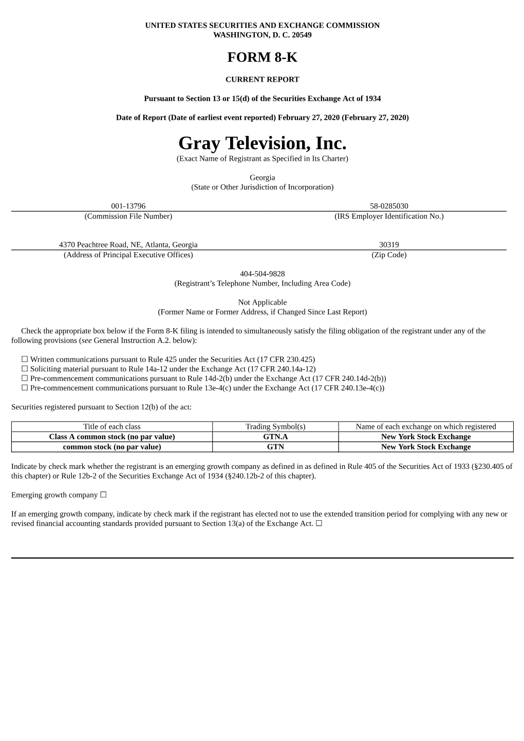 Gray Television, Inc. (Exact Name of Registrant As Specified in Its Charter)