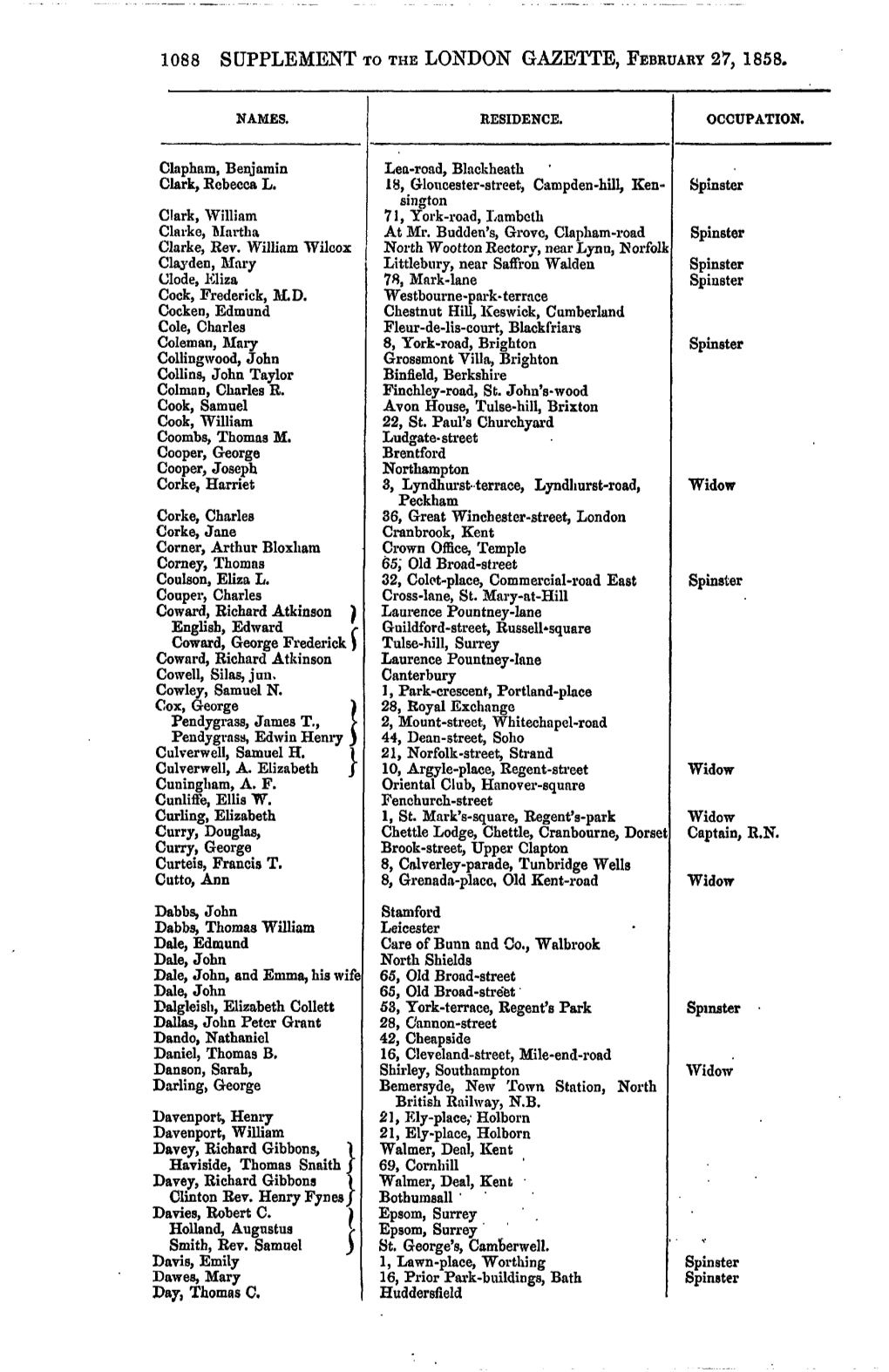 1088 Supplement to the London Gazette, February 27, 1858