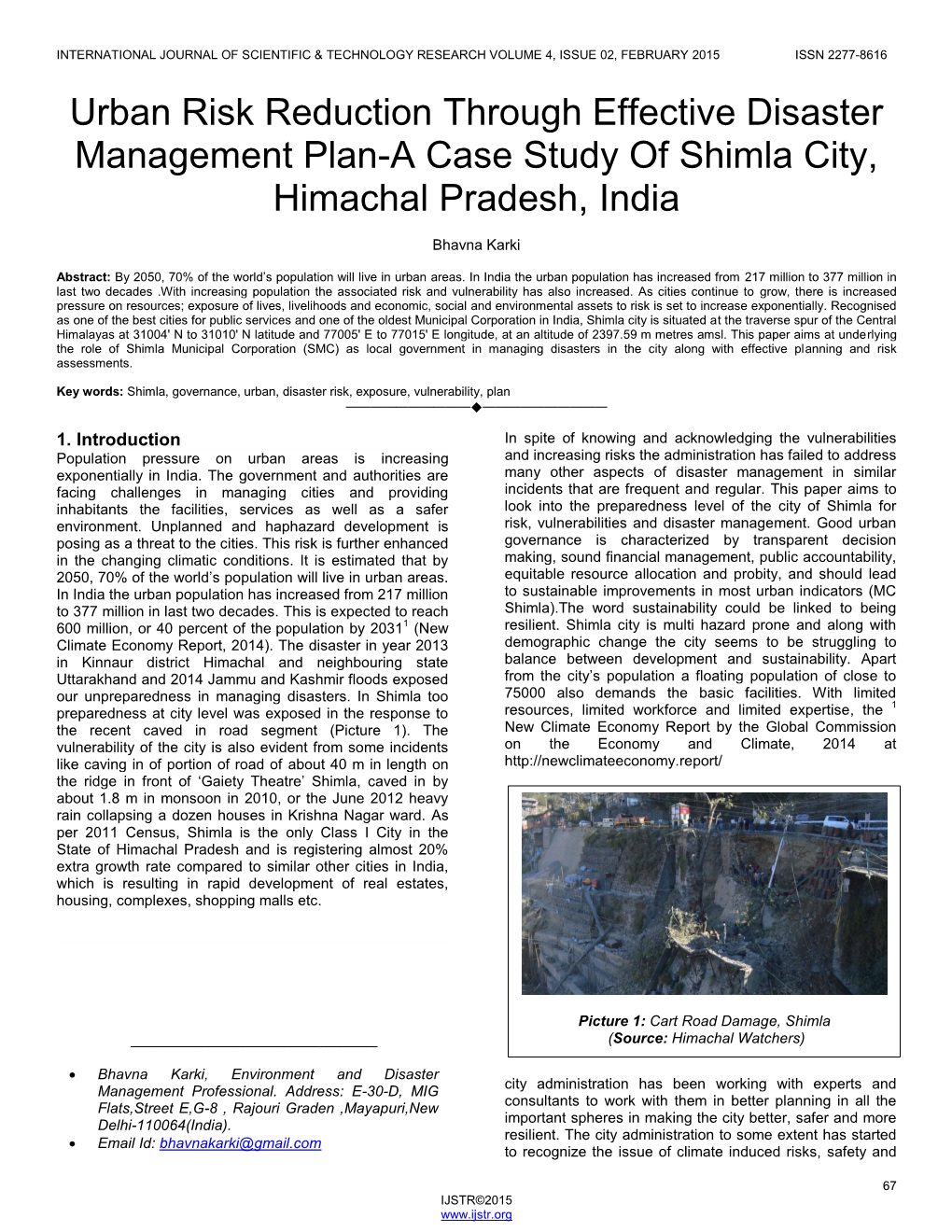 Urban Risk Reduction Through Effective Disaster Management Plan-A Case Study of Shimla City, Himachal Pradesh, India