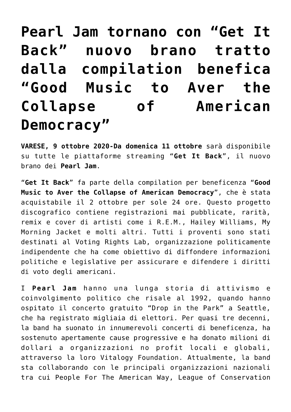 Nuovo Brano Tratto Dalla Compilation Benefica “Good Music to Aver the Collapse of American Democracy”