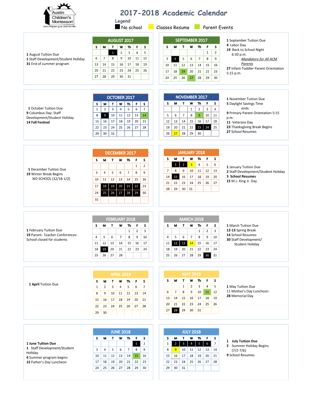 2017-2018 Academic Calendar Legend No School Classes Resume Parent Events