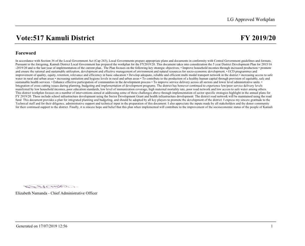 FY 2019/20 Vote:517 Kamuli District