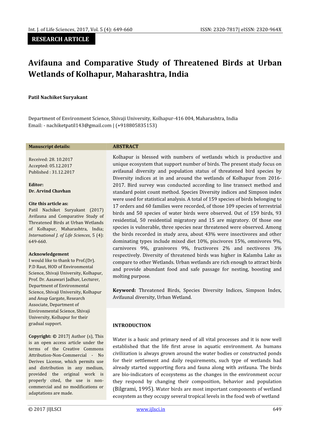 Avifauna and Comparative Study of Threatened Birds at Urban Wetlands of Kolhapur, Maharashtra, India