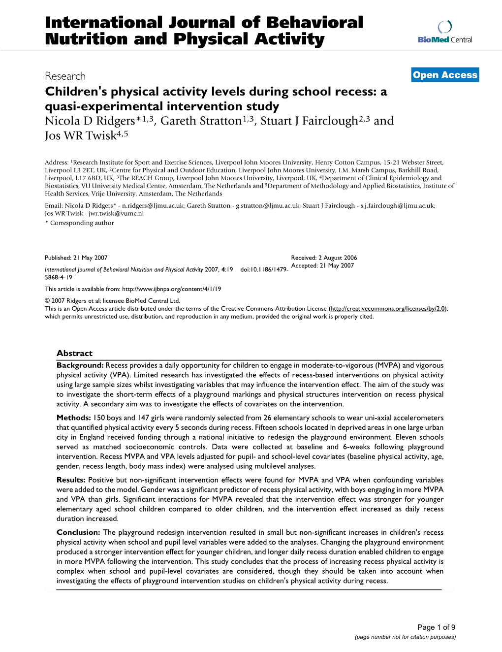 Children's Physical Activity Levels During School Recess: a Quasi