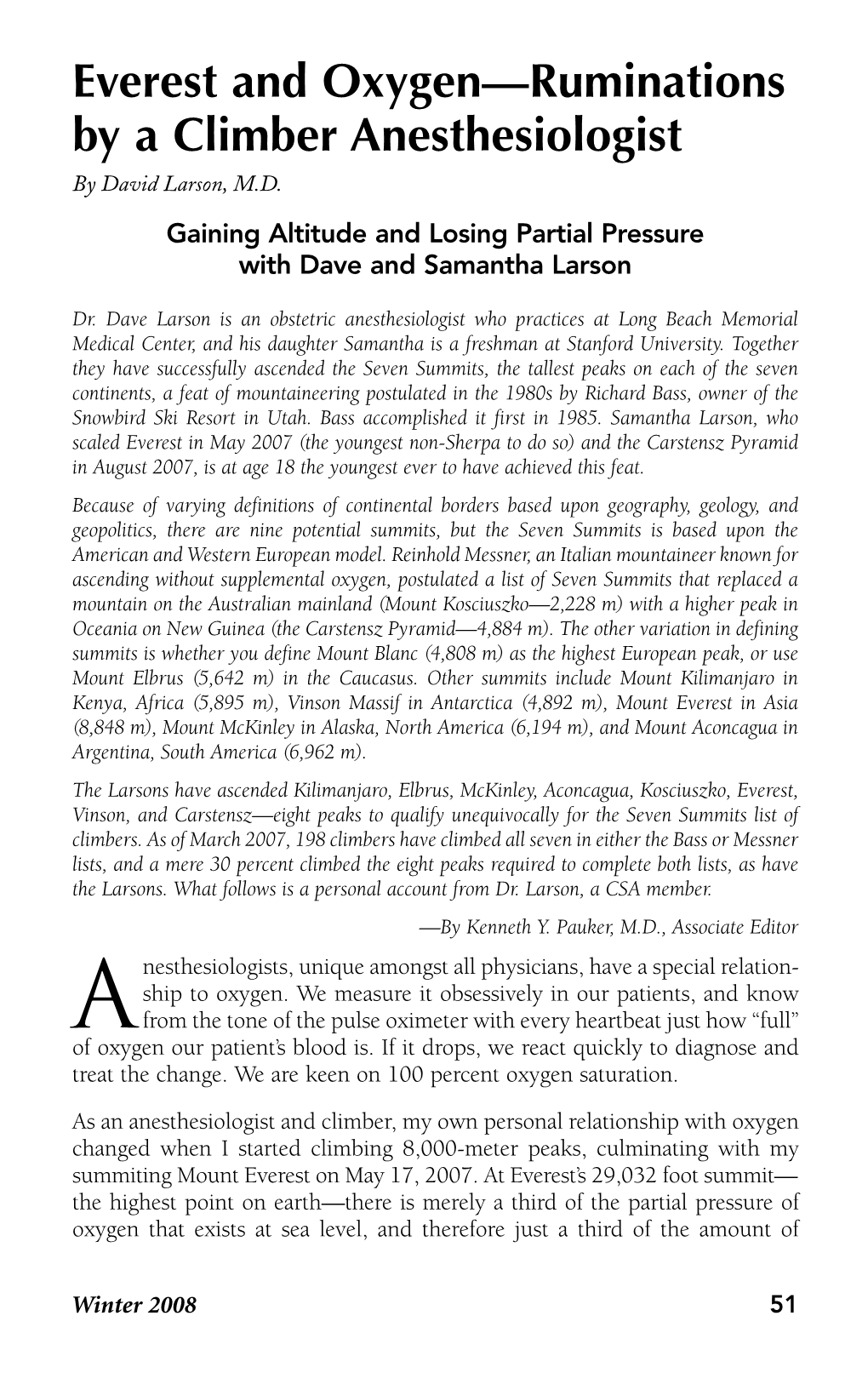 Everest and Oxygen—Ruminations by a Climber Anesthesiologist by David Larson, M.D