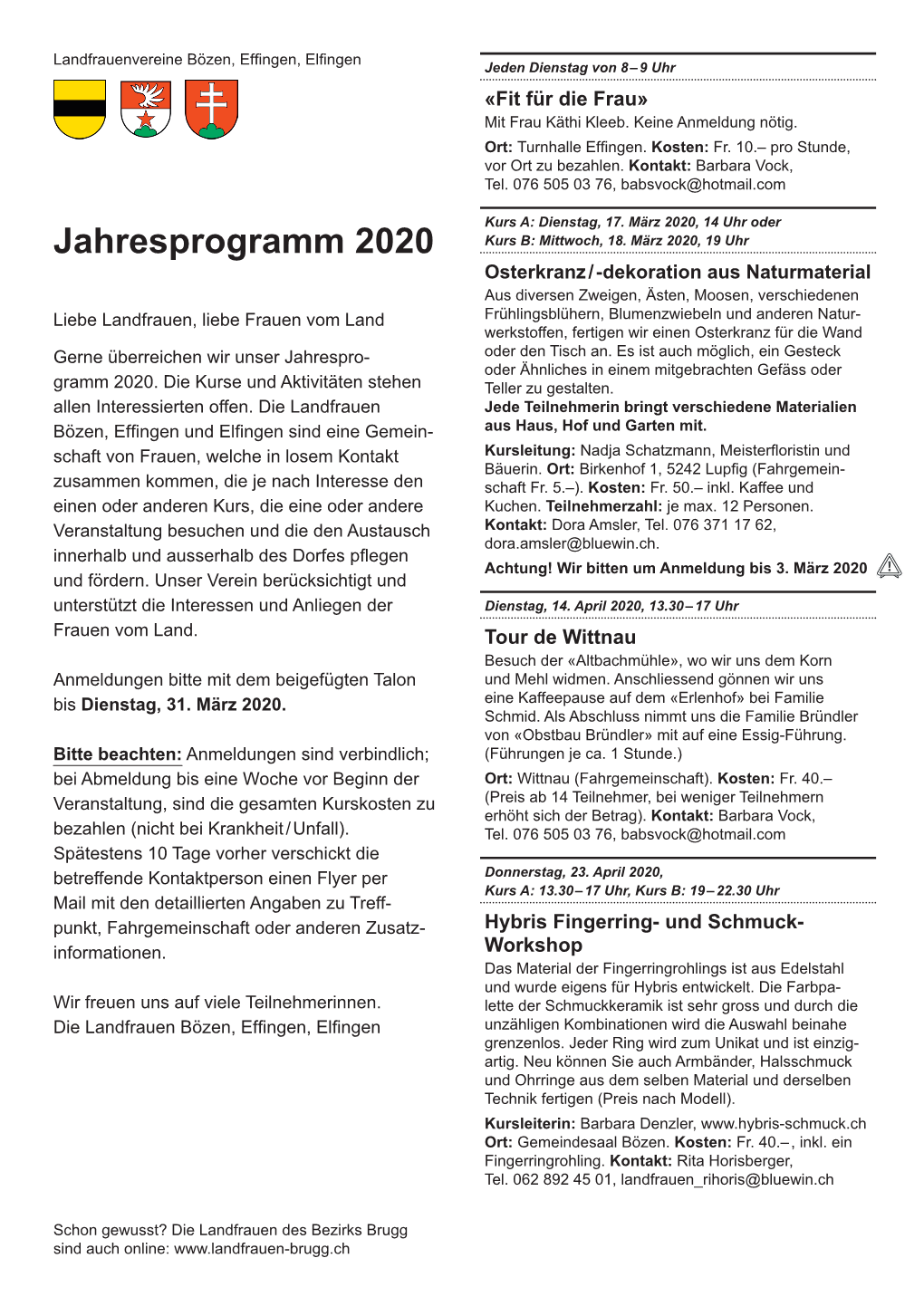 Jahresprogramm 2020 Kurs B: Mittwoch, 18