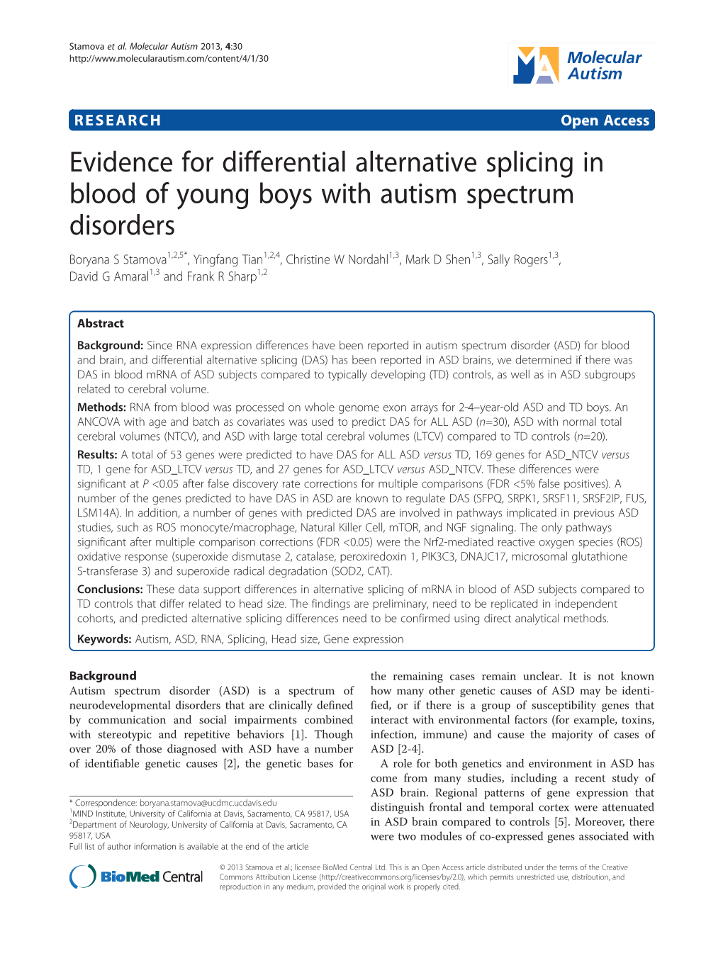 Evidence for Differential Alternative Splicing in Blood of Young Boys With