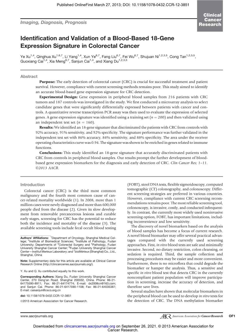 Identification and Validation of a Blood-Based 18-Gene Expression Signature in Colorectal Cancer