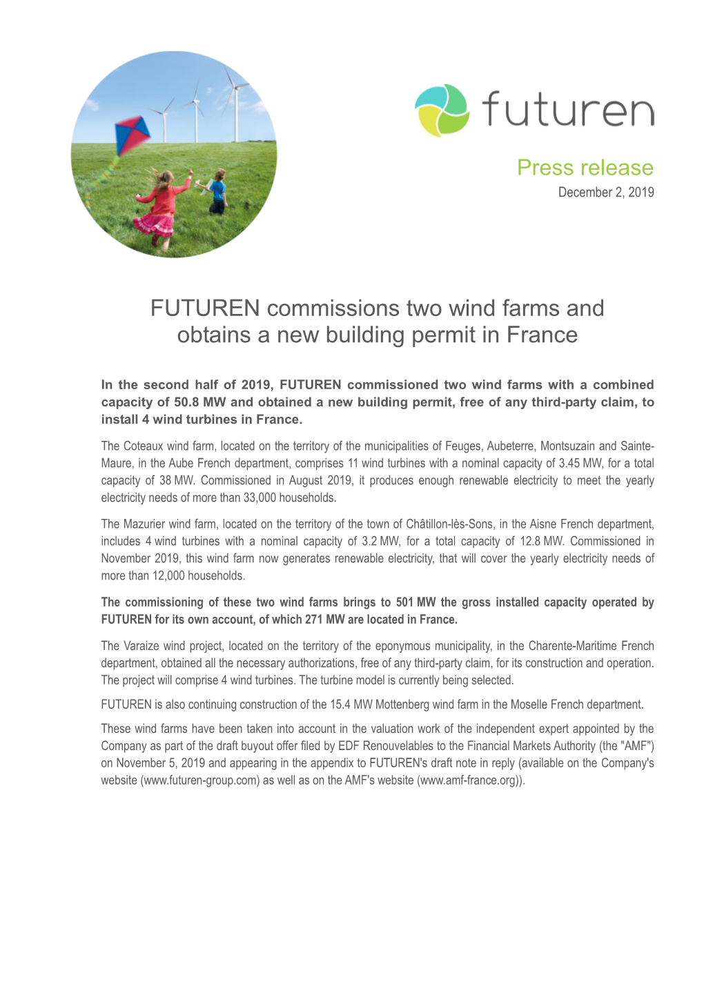 FUTUREN Commissions Two Wind Farms and Obtains a New Building Permit in France