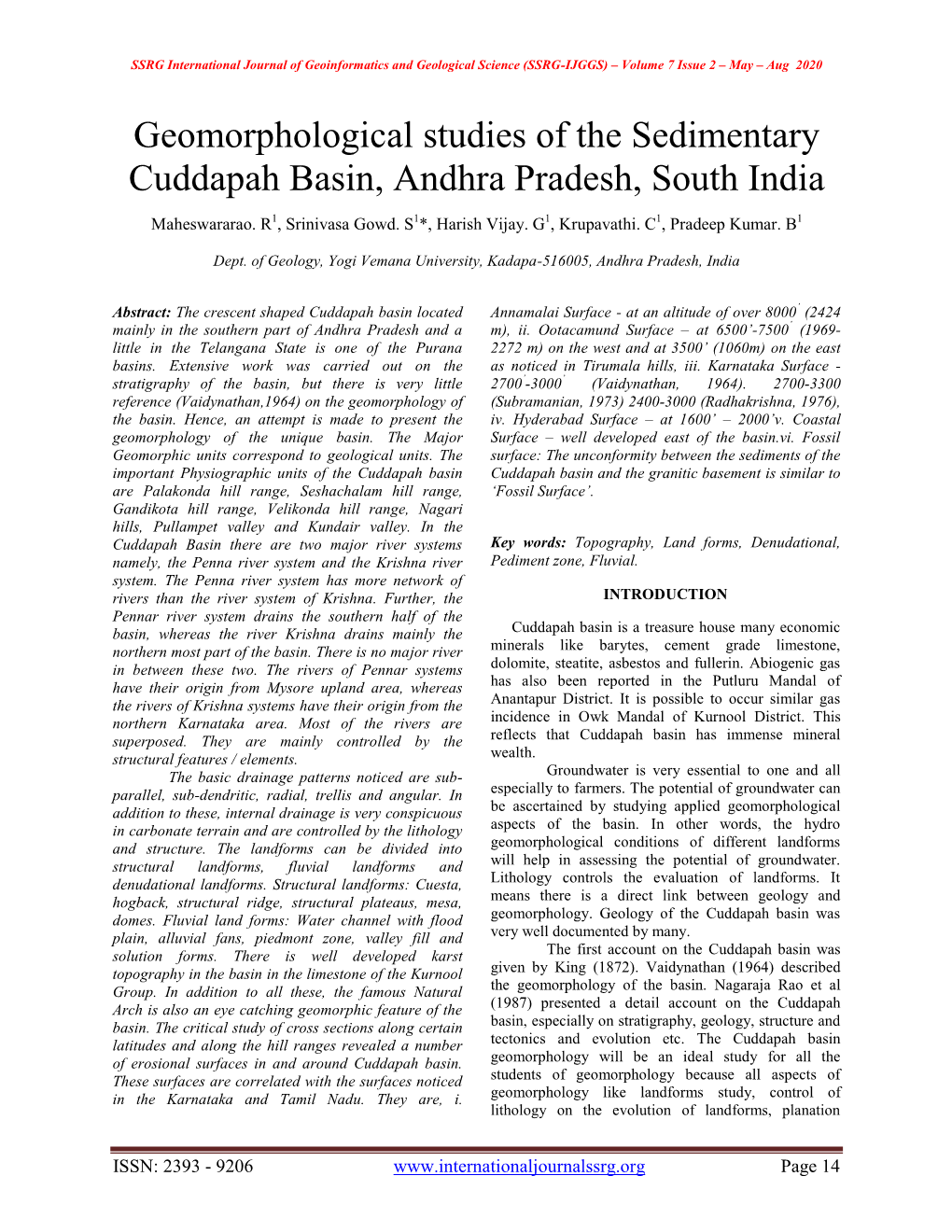 Geomorphological Studies of the Sedimentary Cuddapah Basin, Andhra Pradesh, South India