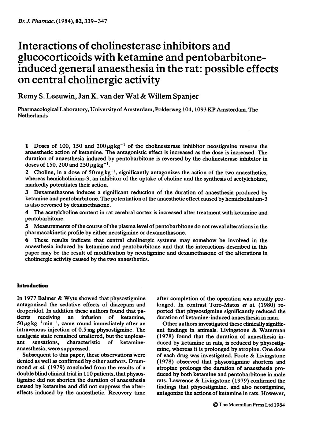 Glucocorticoids with Ketamine and Pentobarbitone- Induced General Anaesthesia in the Rat: Possible Effects on Central Cholinergic Activity