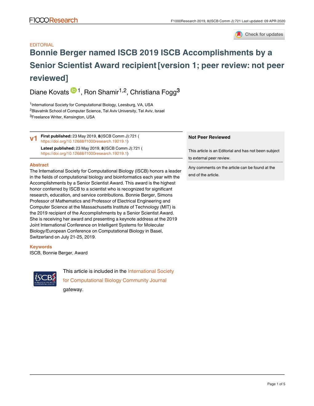 Bonnie Berger Named ISCB 2019 ISCB Accomplishments by a Senior