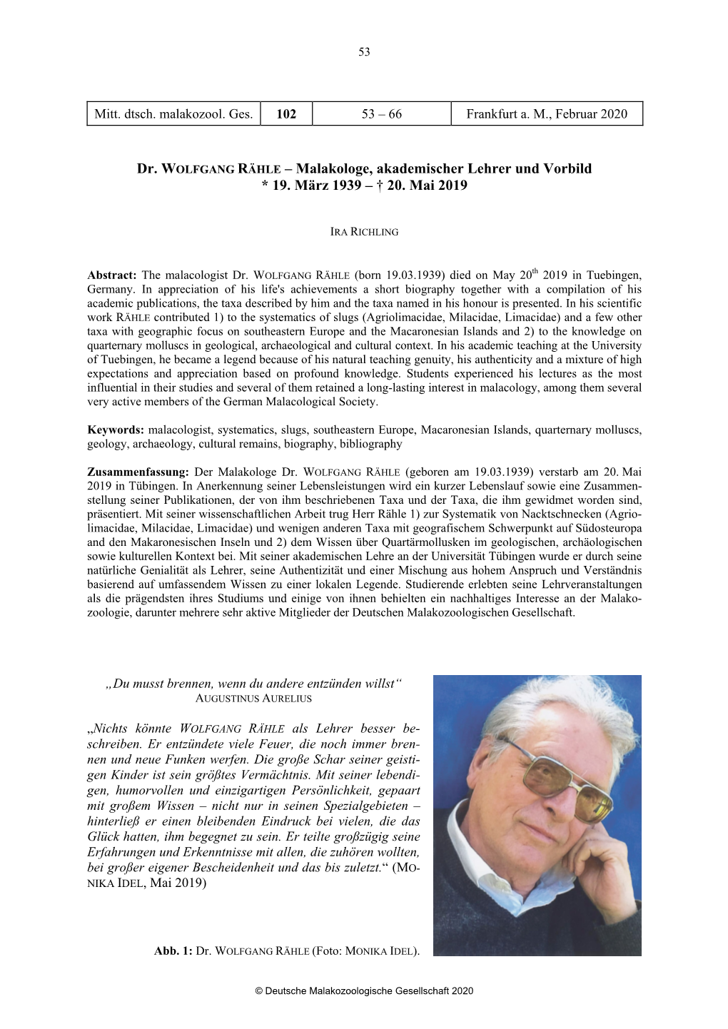 Dr. WOLFGANG RÄHLE – Malakologe, Akademischer Lehrer Und Vorbild * 19