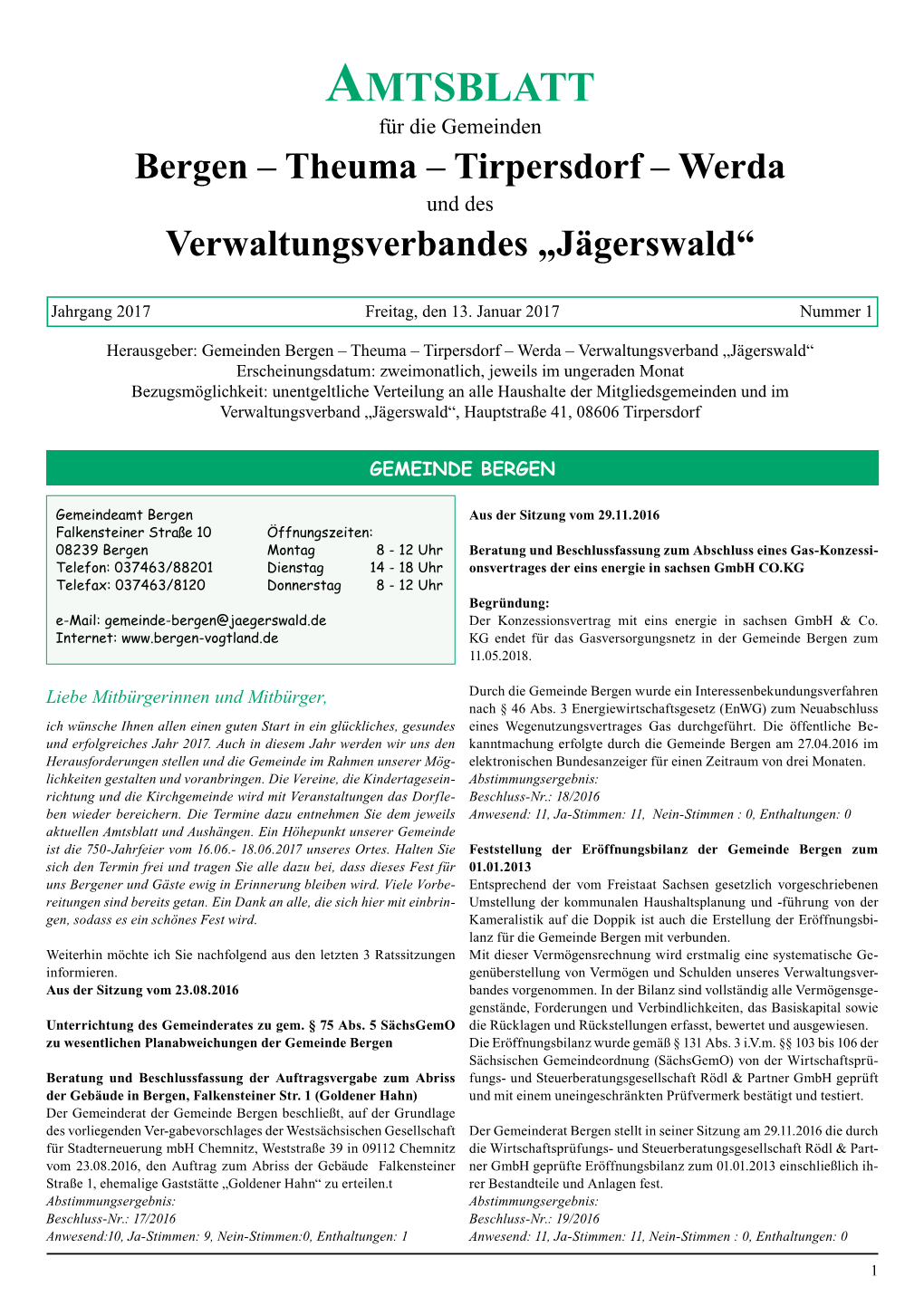 Amtsblatt Für Die Gemeinden Bergen – Theuma – Tirpersdorf – Werda Und Des Verwaltungsverbandes „Jägerswald“