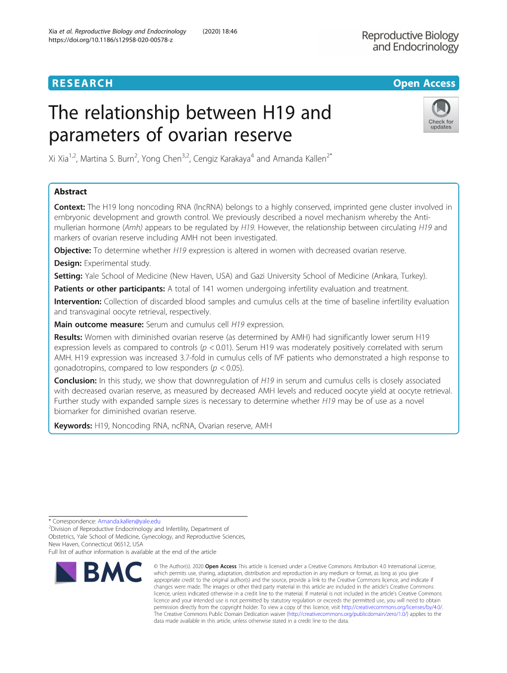 The Relationship Between H19 and Parameters of Ovarian Reserve Xi Xia1,2, Martina S