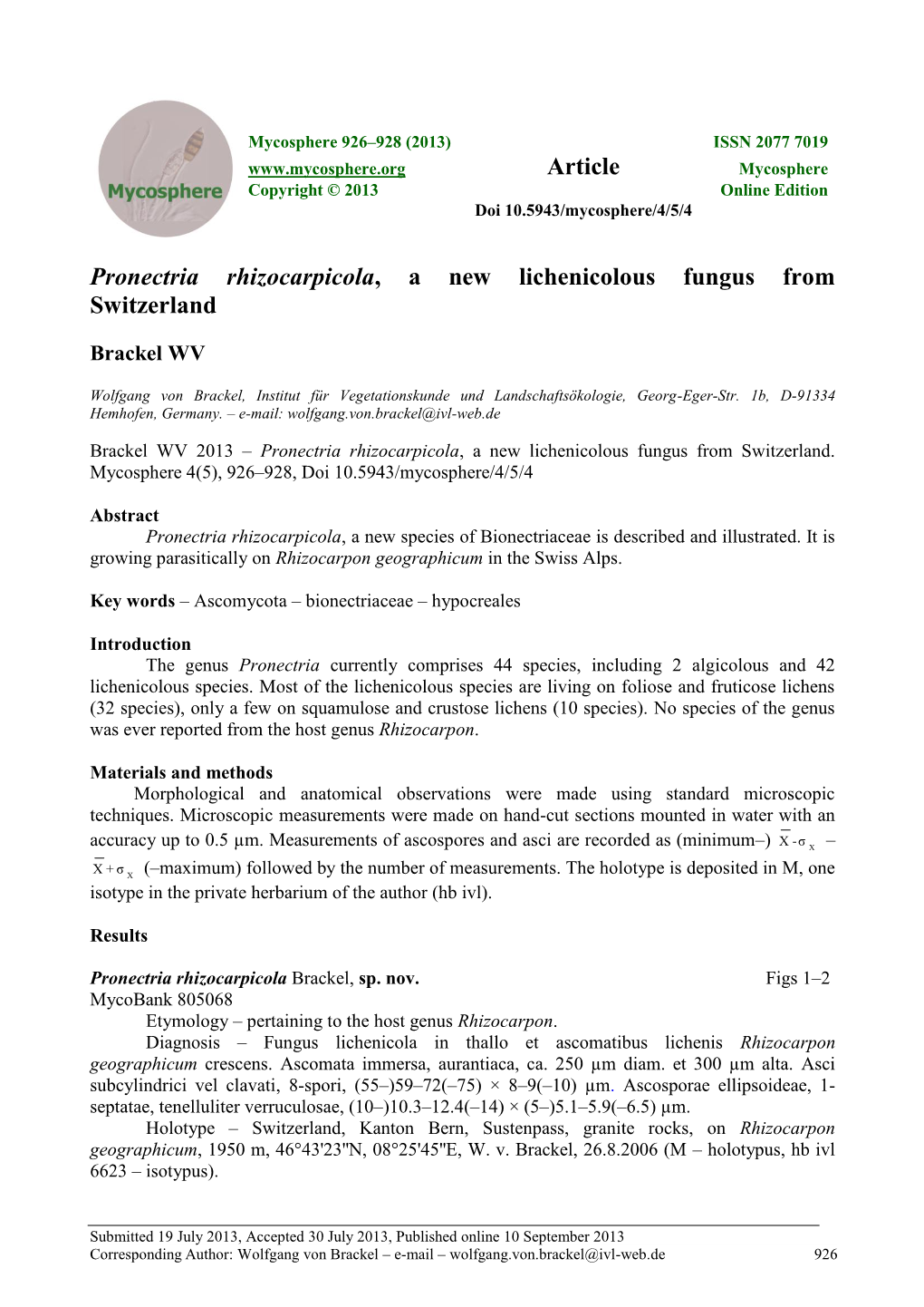 Pronectria Rhizocarpicola, a New Lichenicolous Fungus from Switzerland