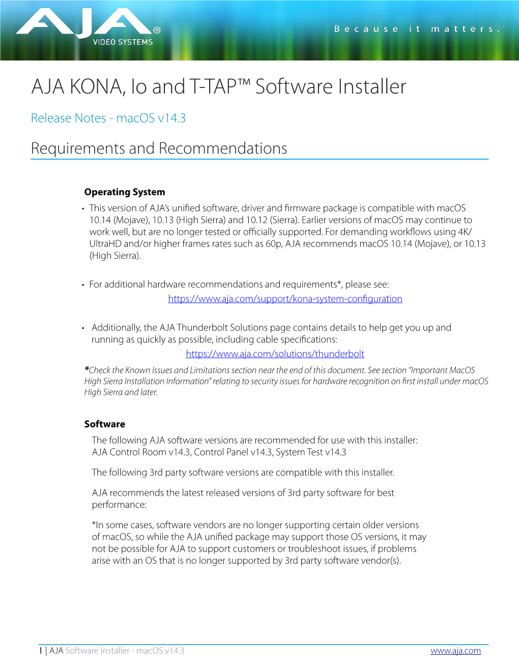 AJA KONA, Io and T-TAP™ Software Installer Release Notes - Macos V14.3 Requirements and Recommendations