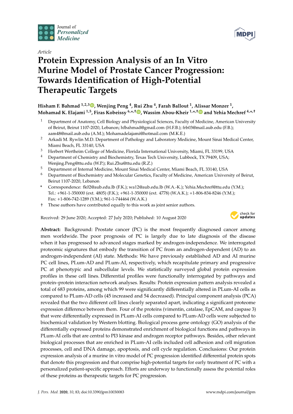 Protein Expression Analysis of an in Vitro Murine Model of Prostate Cancer Progression: Towards Identiﬁcation of High-Potential Therapeutic Targets