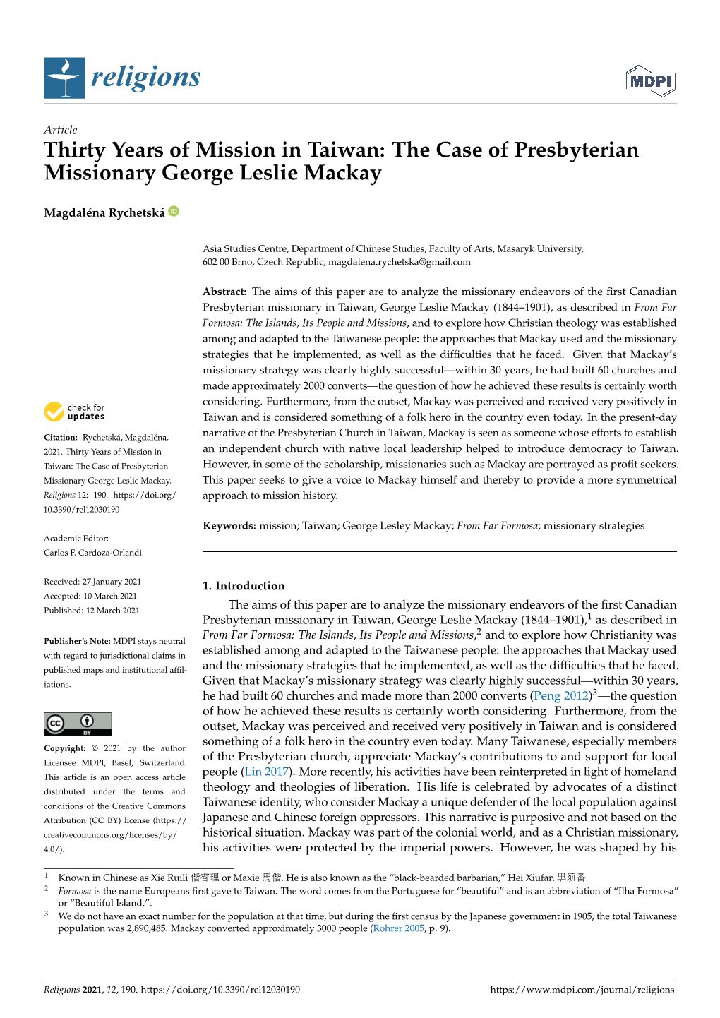 Thirty Years of Mission in Taiwan: the Case of Presbyterian Missionary George Leslie Mackay