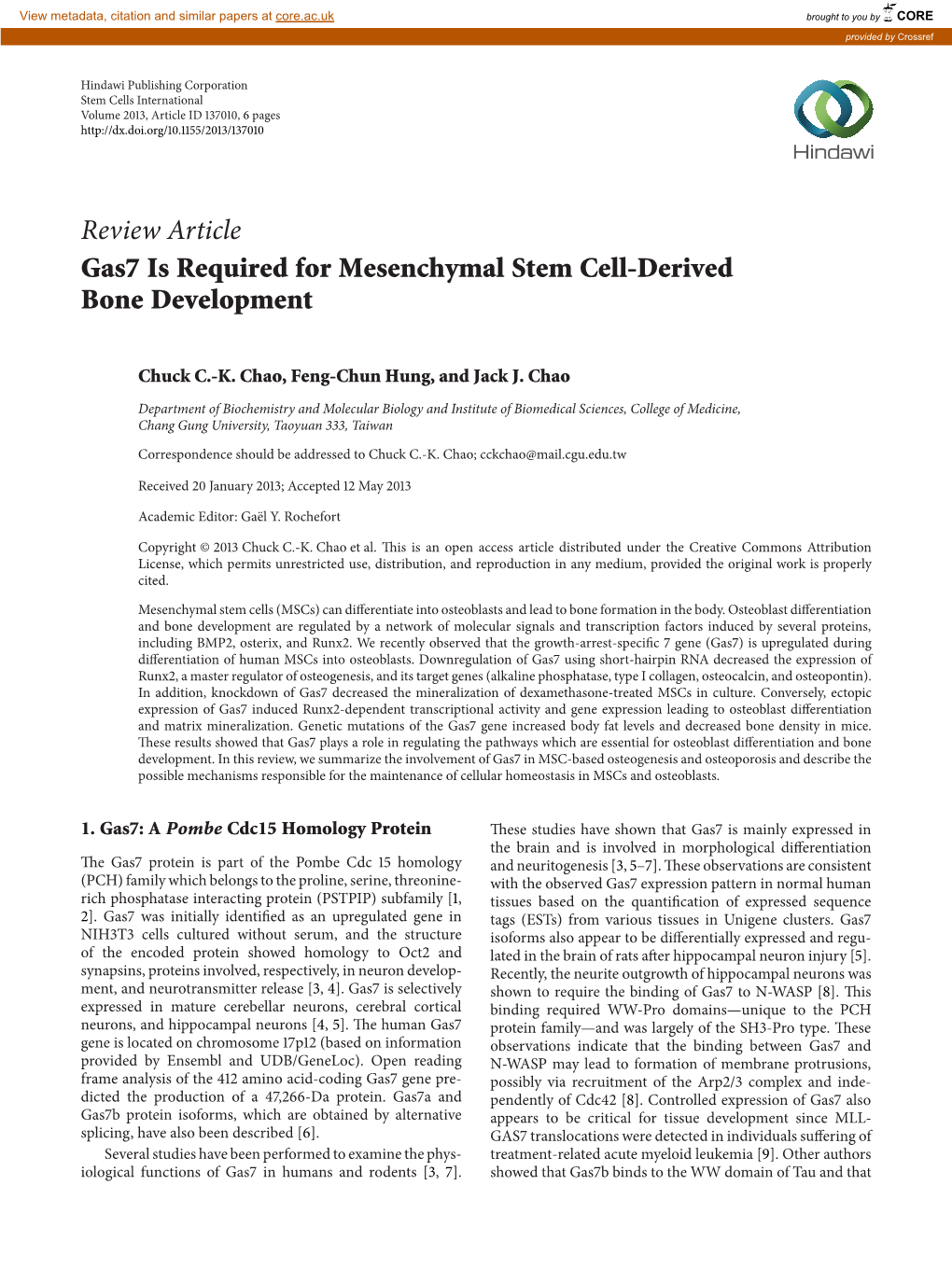 Review Article Gas7 Is Required for Mesenchymal Stem Cell-Derived Bone Development
