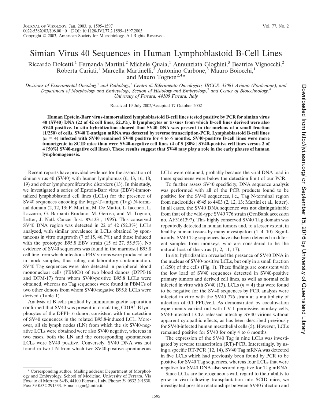 Simian Virus 40 Sequences in Human Lymphoblastoid B-Cell Lines