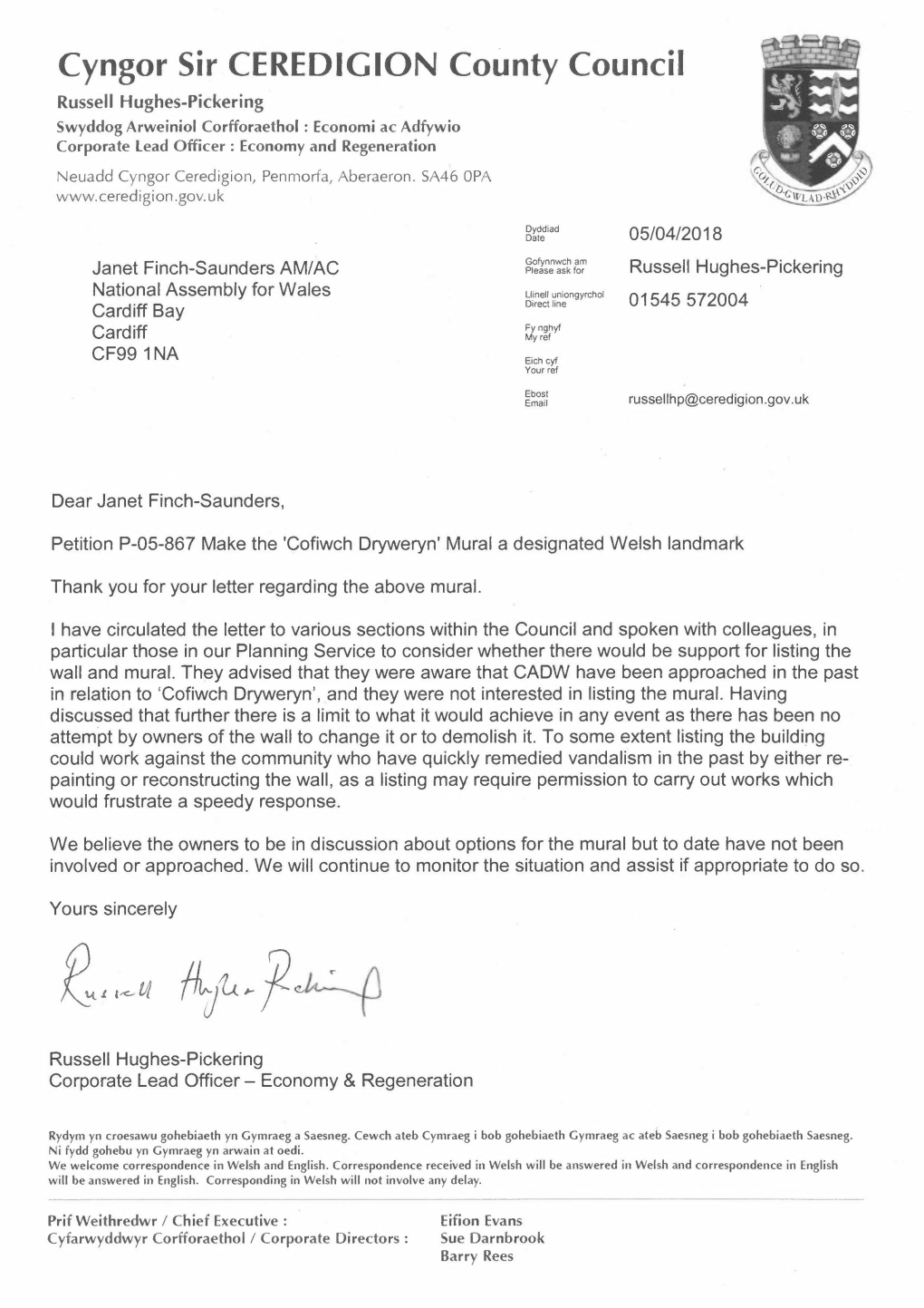 Cyngor Sir CEREDIGION County Council Russell Hughes-Pickering Swyddog Arweiniol Corfforaethol : Economi Ac Adfywio Corporate Lead Officer : Economy and Regeneration