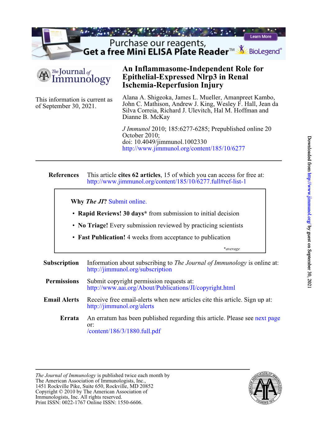 Ischemia-Reperfusion Injury Epithelial-Expressed Nlrp3 in Renal An