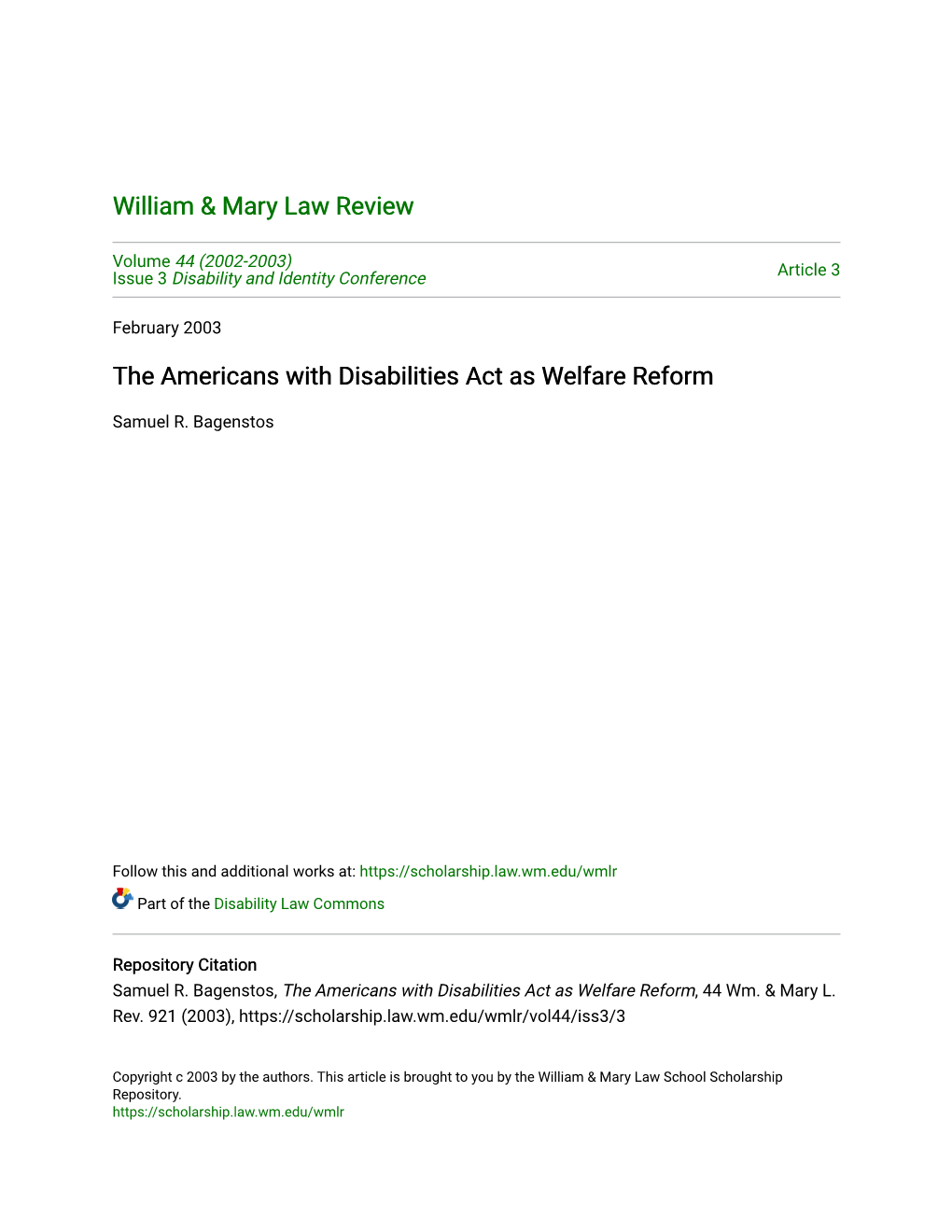 The Americans with Disabilities Act As Welfare Reform