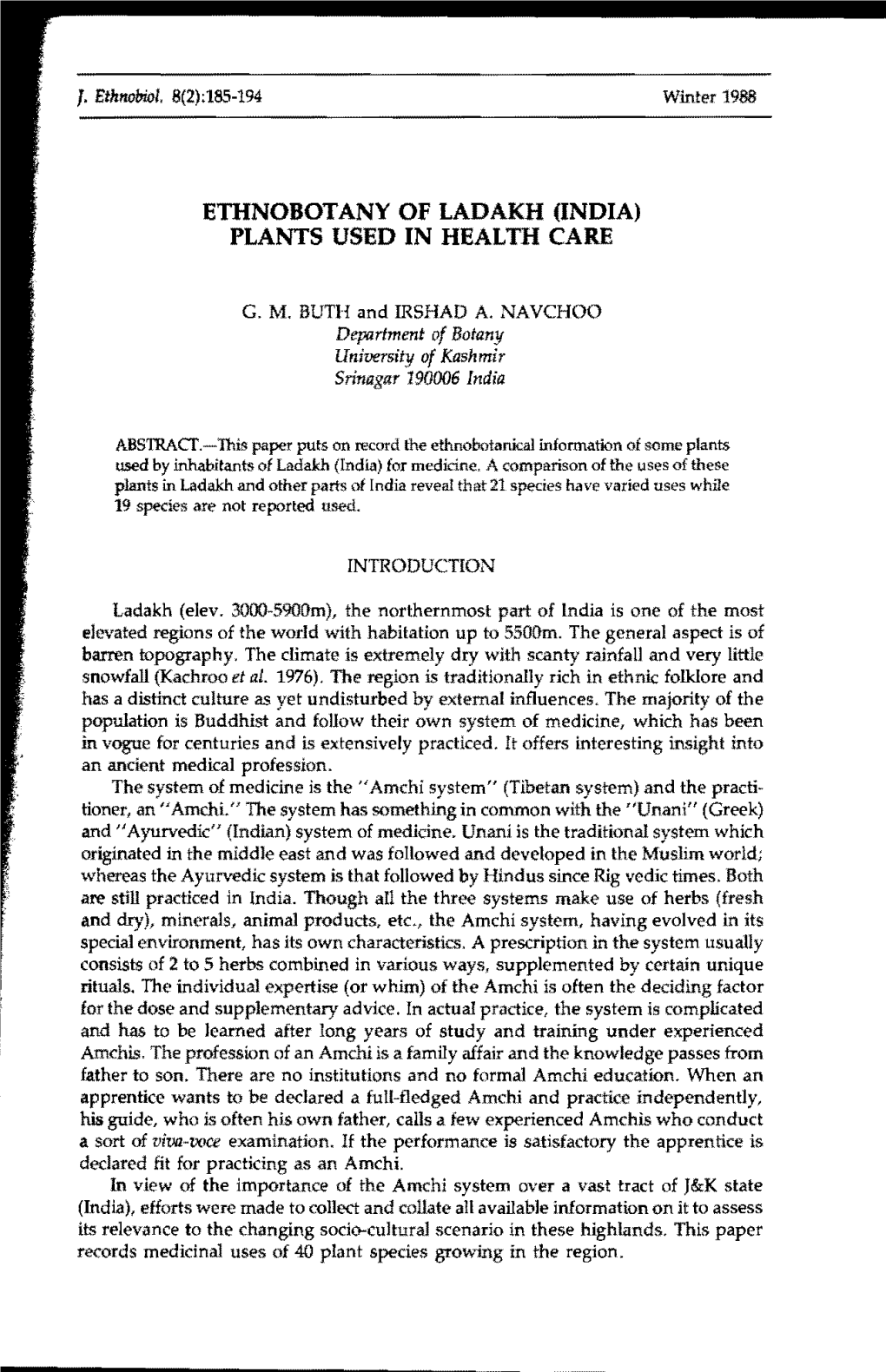 Ethnobotany of Ladakh (India) Plants Used in Health Care