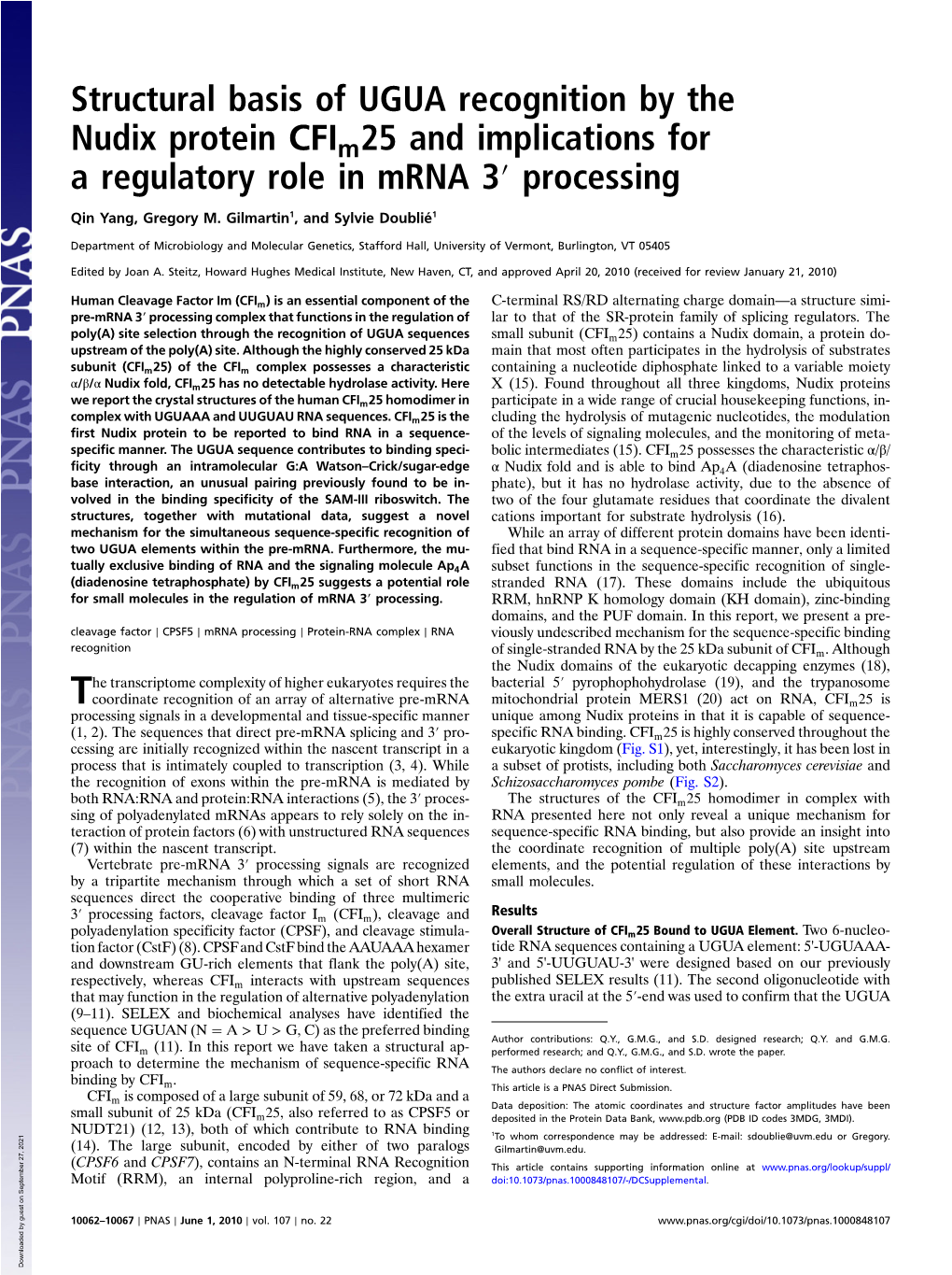 Structural Basis of UGUA Recognition by the Nudix Protein CFI 25