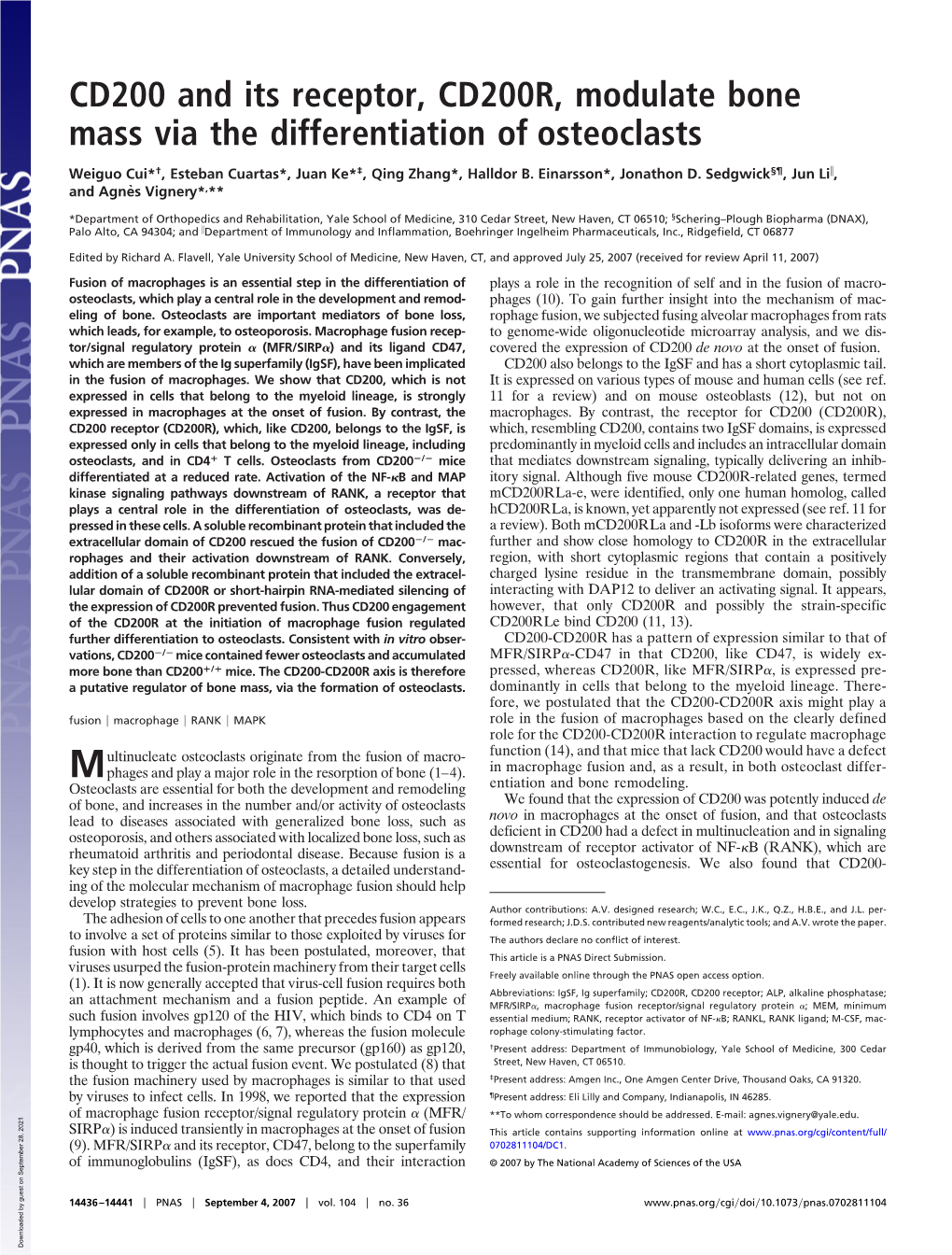 CD200 and Its Receptor, CD200R, Modulate Bone Mass Via the Differentiation of Osteoclasts