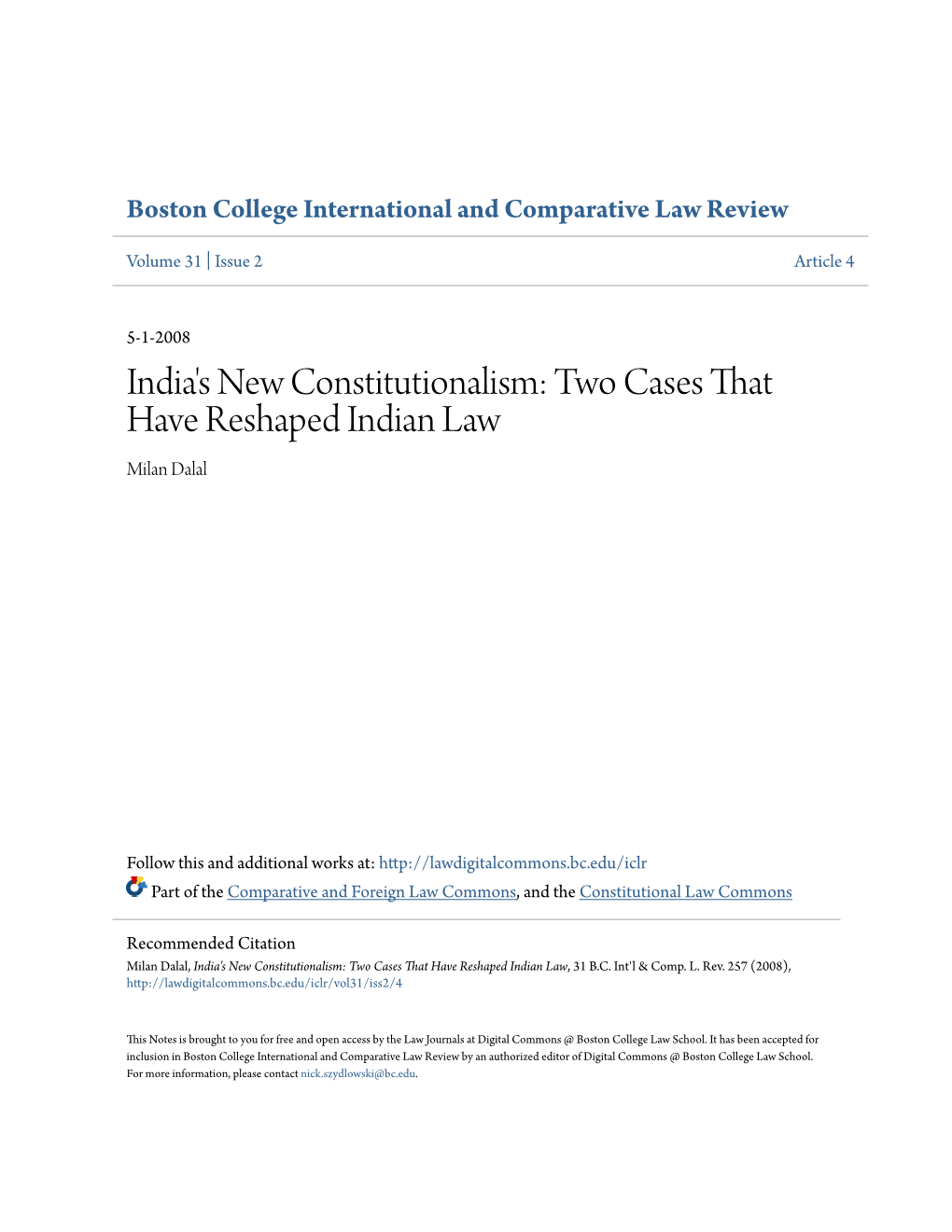 India's New Constitutionalism: Two Cases That Have Reshaped Indian Law Milan Dalal