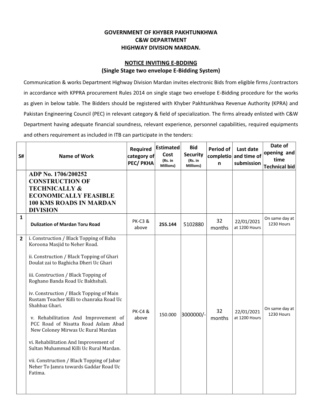 Single Stage Two Envelope E-Bidding System)