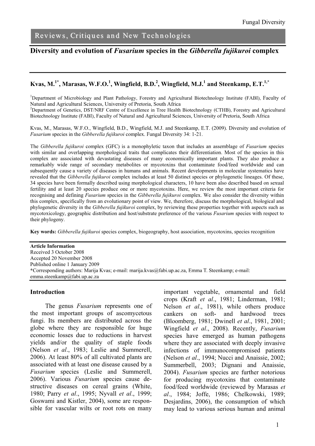 Diversity and Evolution of Fusarium Species in the Gibberella Fujikuroi Complex