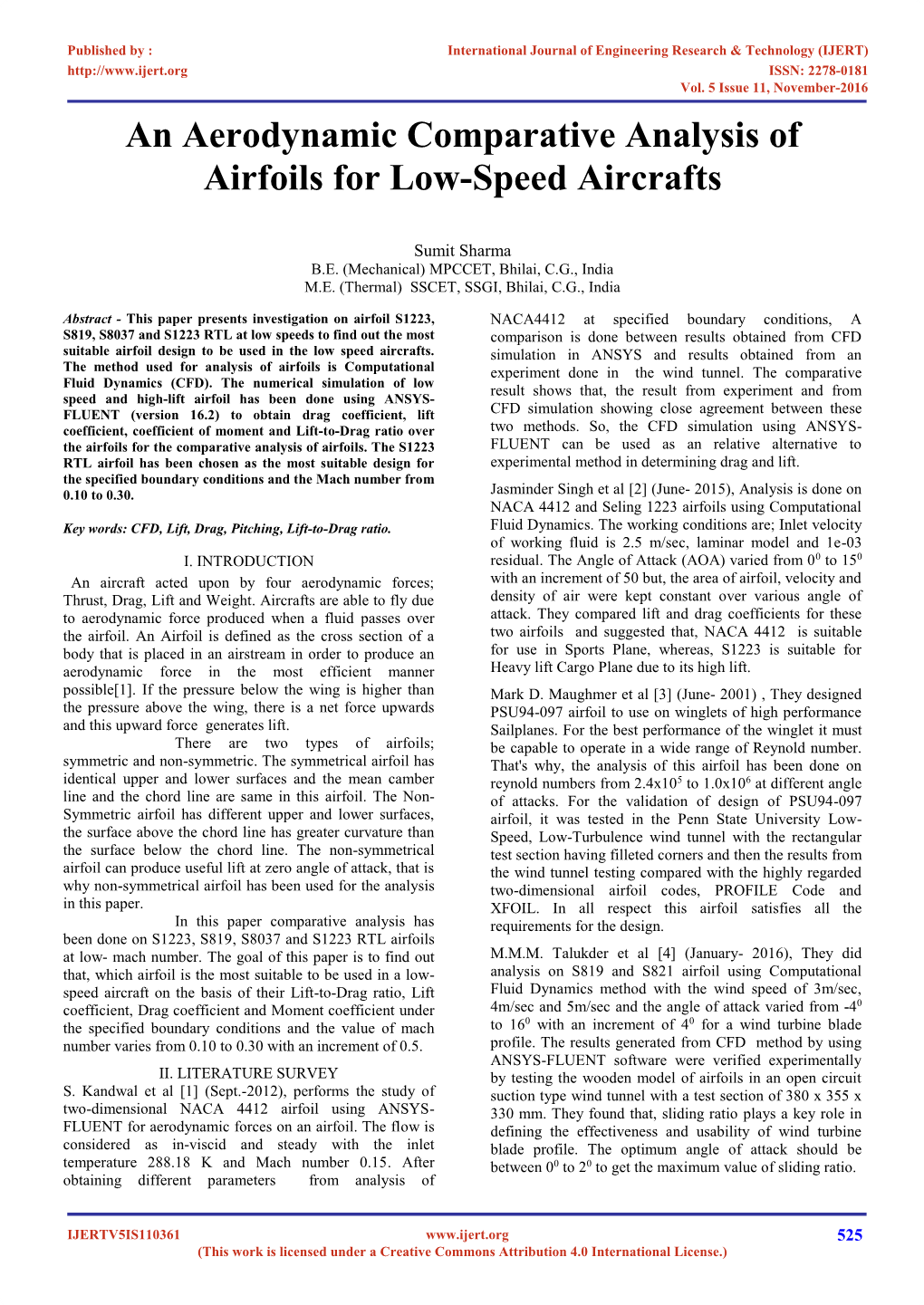 An Aerodynamic Comparative Analysis of Airfoils for Low-Speed Aircrafts