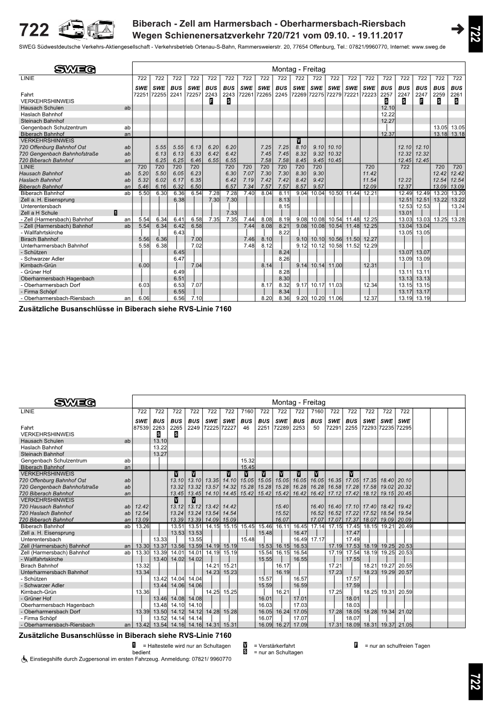 Biberach - Zell Am Harmersbach - Oberharmersbach-Riersbach 722 722 Wegen Schienenersatzverkehr 720/721 Vom 09.10